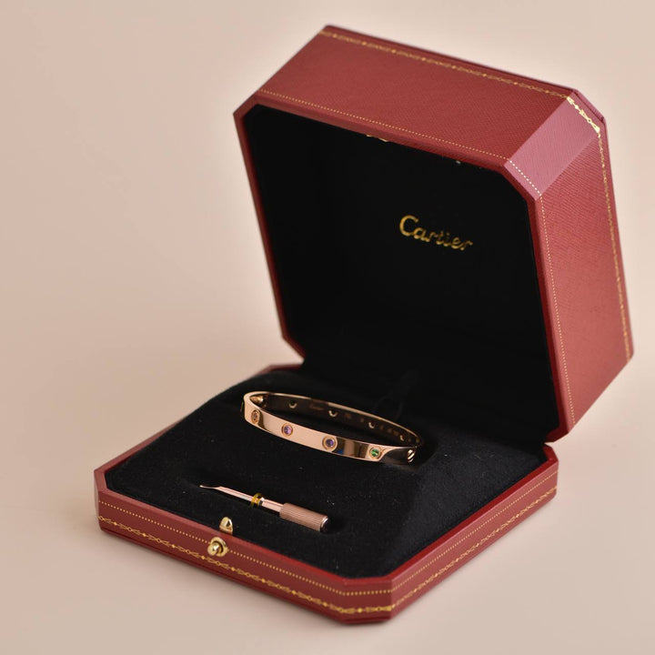 Cartier Love Bracelet 10 Multi Gemstone Rose Gold Size 18