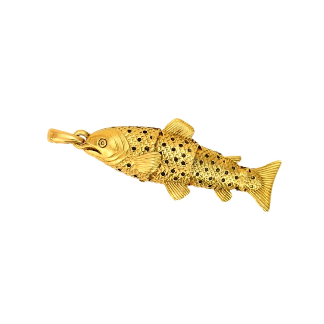 18K Yellow Gold Articulated Fish Pendant with Red Coral Eyes