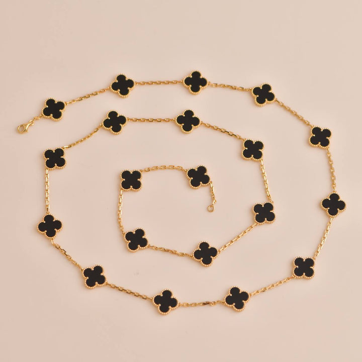 Van Cleef & Arpels Vintage Alhambra Onyx 20 Motif Yellow Gold Long Necklace