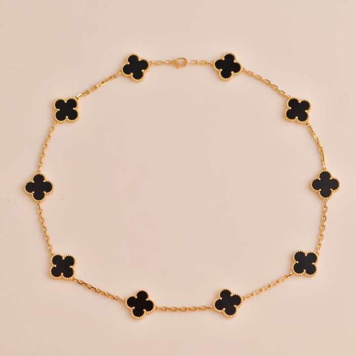 Van Cleef & Arpels Vintage Alhambra Black Onyx 10 Motif Yellow Gold Necklace