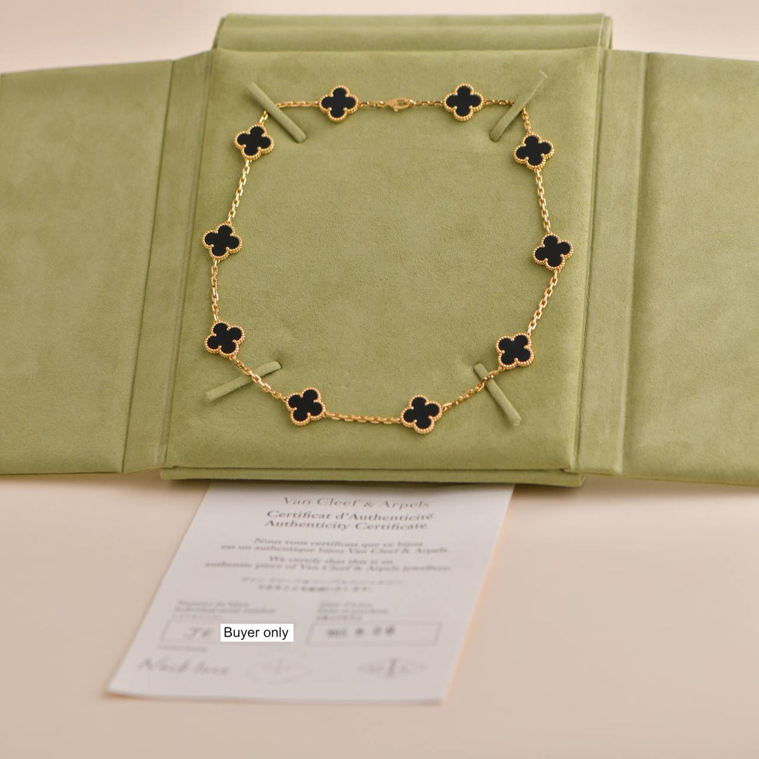 Van Cleef & Arpels Vintage Alhambra Black Onyx 10 Motif Yellow Gold Necklace