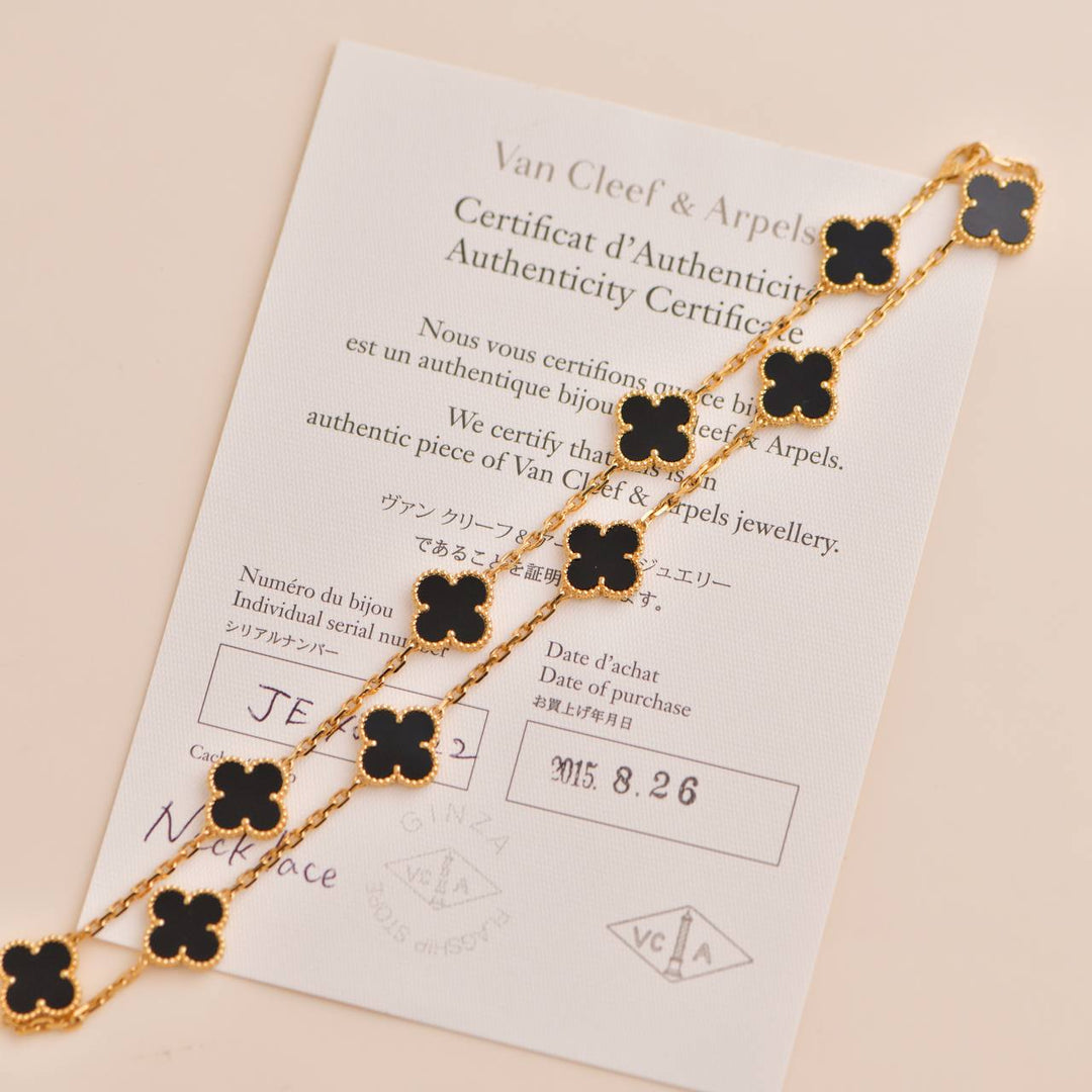 Van Cleef & Arpels Vintage Alhambra Black Onyx 10 Motif Yellow Gold Necklace