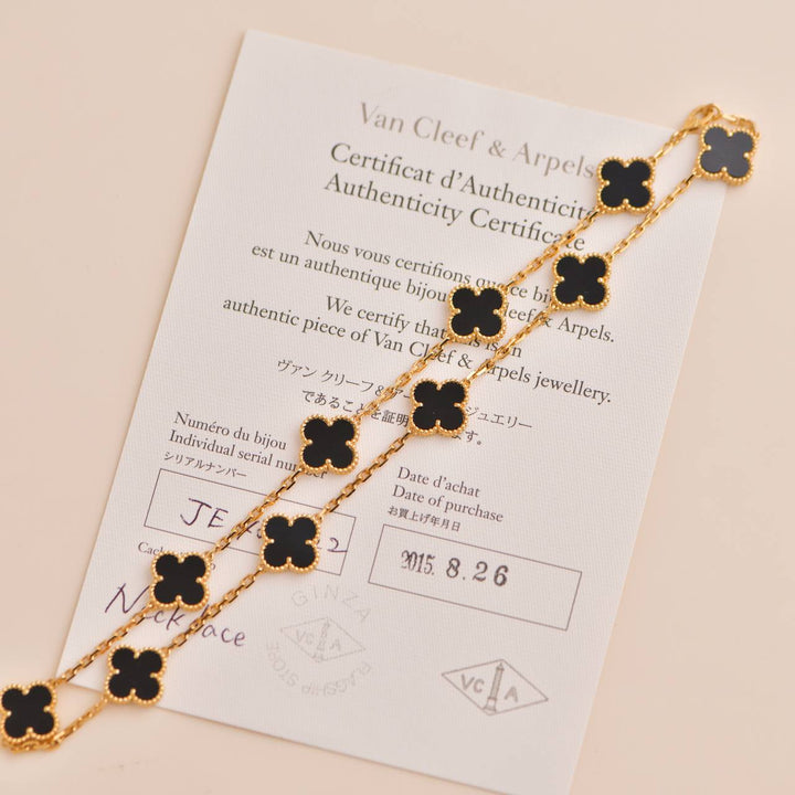 Van Cleef & Arpels Vintage Alhambra Black Onyx 10 Motif Yellow Gold Necklace