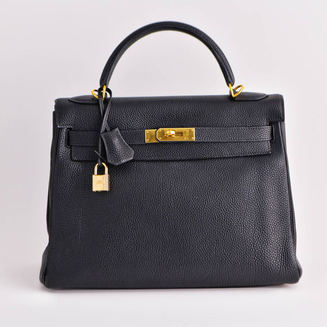 HERMÈS Vintage Kelly 32 Black Togo Retourné With Gold Hardware