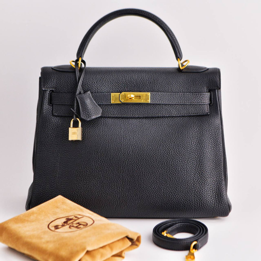 HERMÈS Vintage Kelly 32 Black Togo Retourné With Gold Hardware