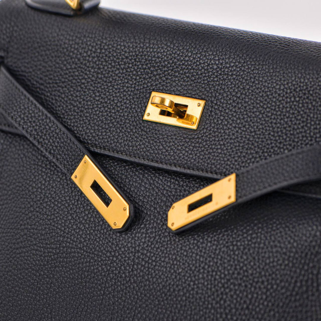 HERMÈS Kelly 32 Black Togo Retourné Gold With Strap W/Box 2003 - Chelsea  Vintage Couture