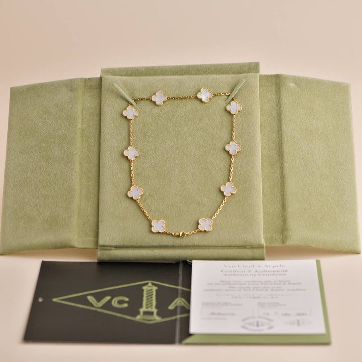 Van Cleef &Arpels Vintage Alhambra Mother of Pearl 10 Motif Yellow Gold Necklace