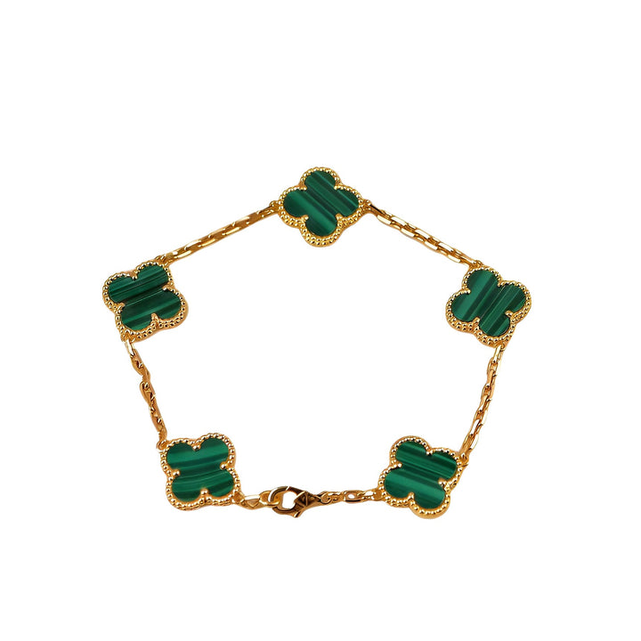 Van Cleef & Arpels Vintage Alhambra Malachite Yellow Gold 5 Motif Bracelet
