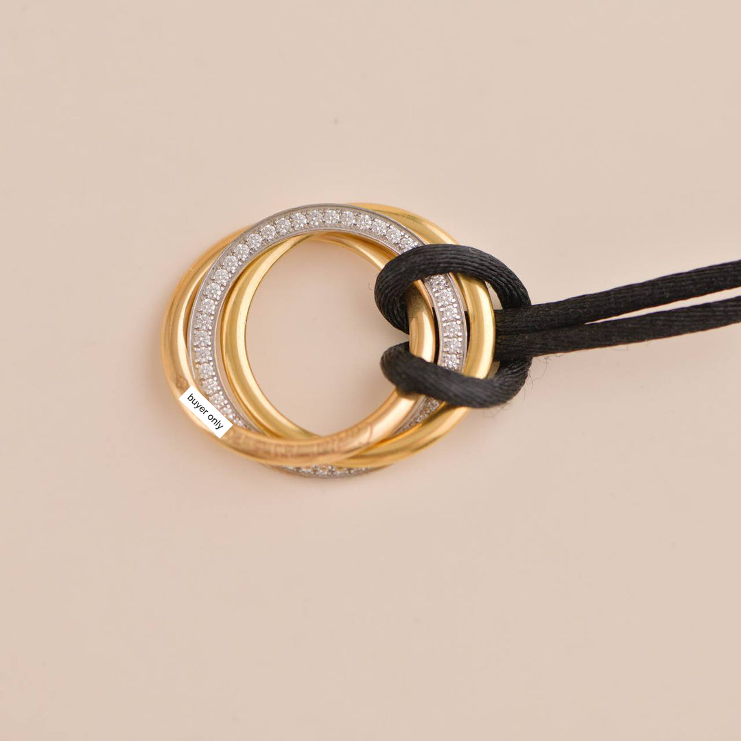 Cartier Trinity Medium Diamond Three Tone Gold Black Silk Cord Pendant