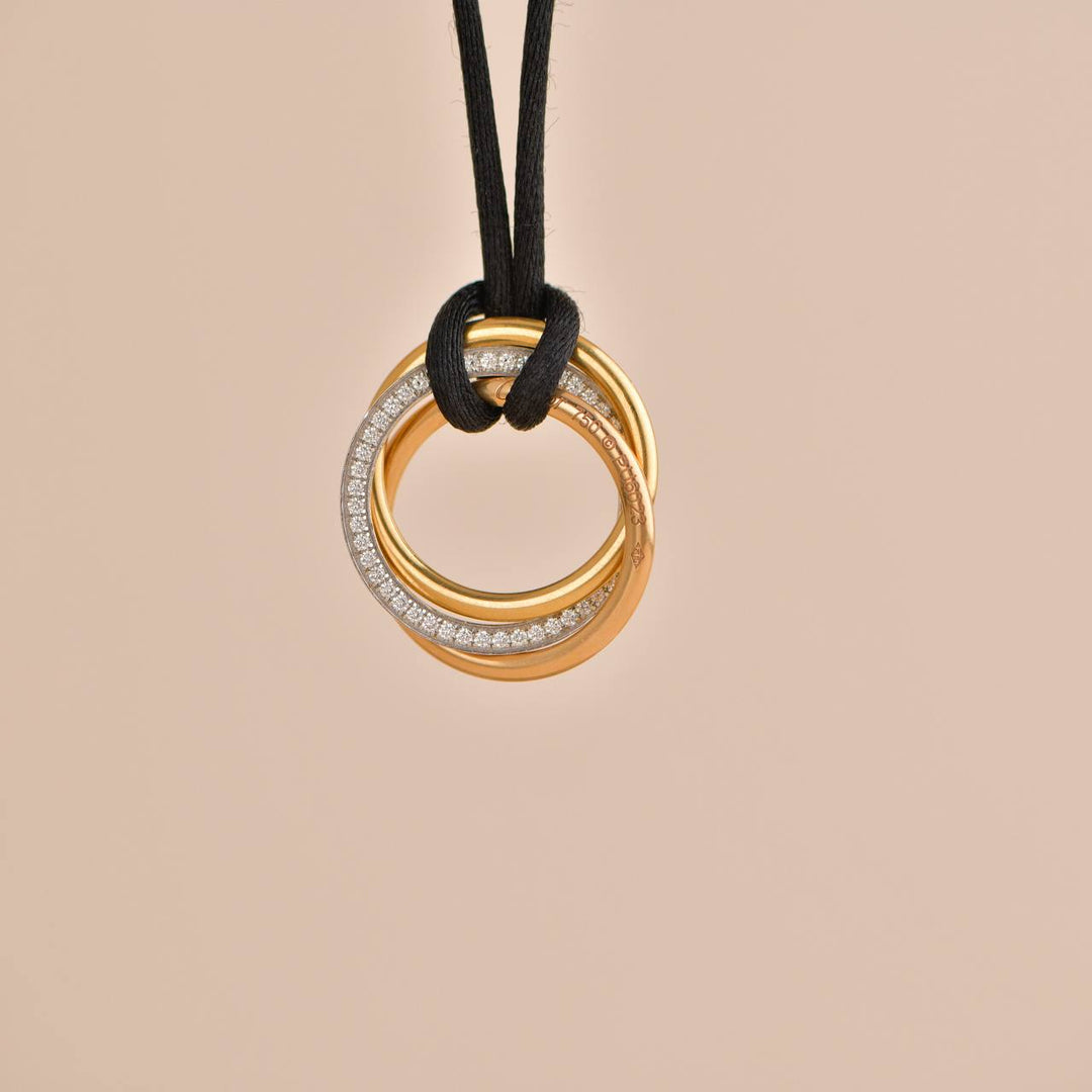 Cartier Trinity Medium Diamond Three Tone Gold Black Silk Cord Pendant
