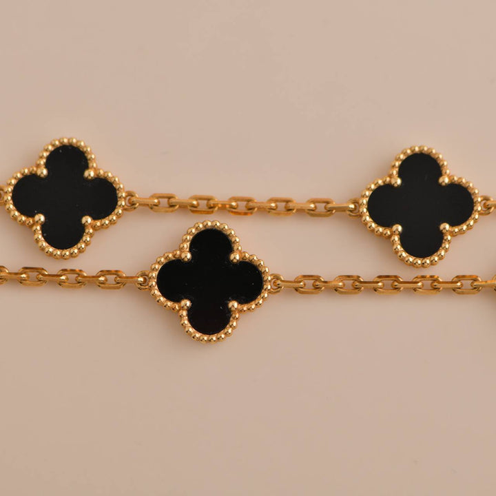 Van Cleef & Arpels Vintage Alhambra Black Onyx 10 Motif Yellow Gold Necklace