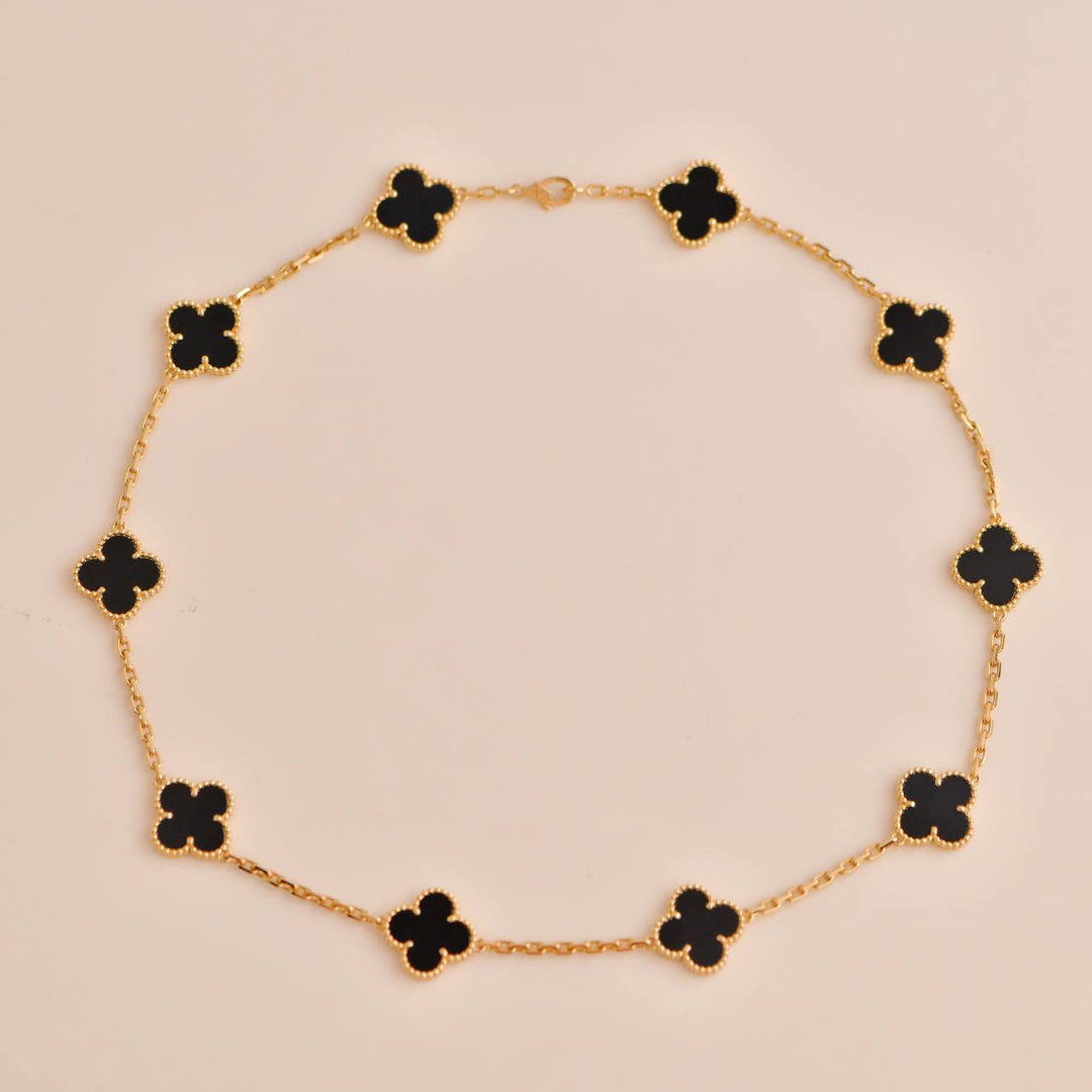 Van Cleef & Arpels Vintage Alhambra Black Onyx 10 Motif Yellow Gold Necklace