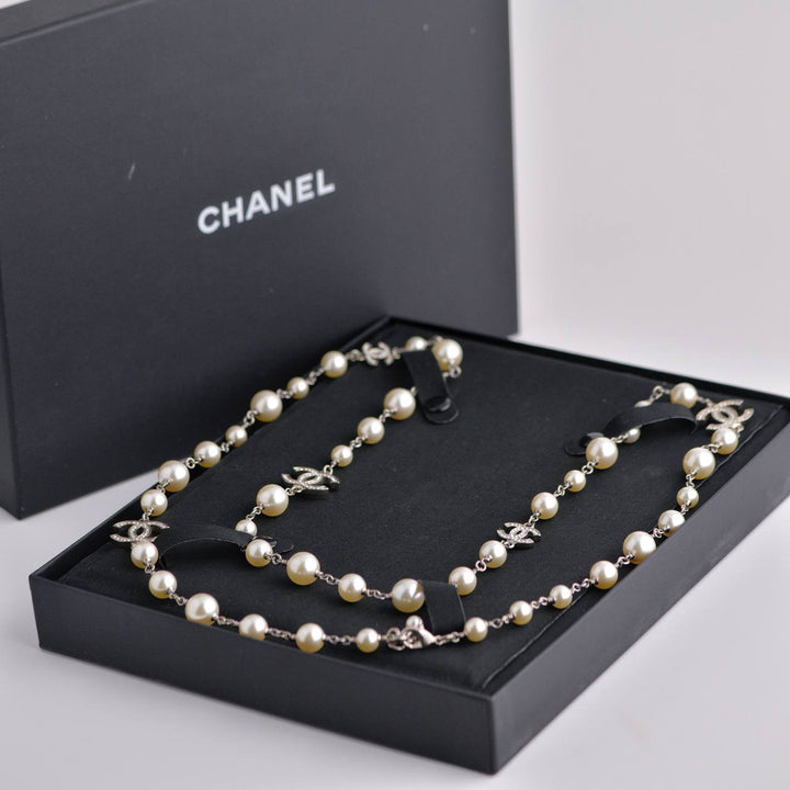 Chanel Five CC Logo Pearl Sautoir Necklace