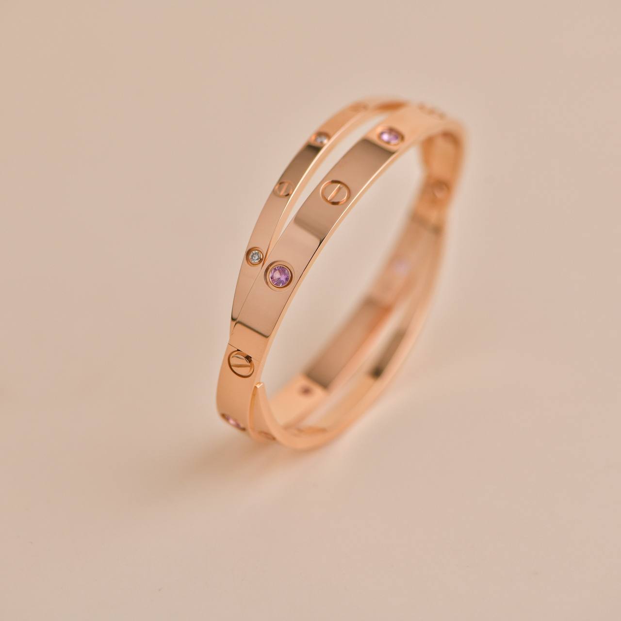 Cartier Love Diamond and Pink Sapphire Rose Gold Bracelet Size 17