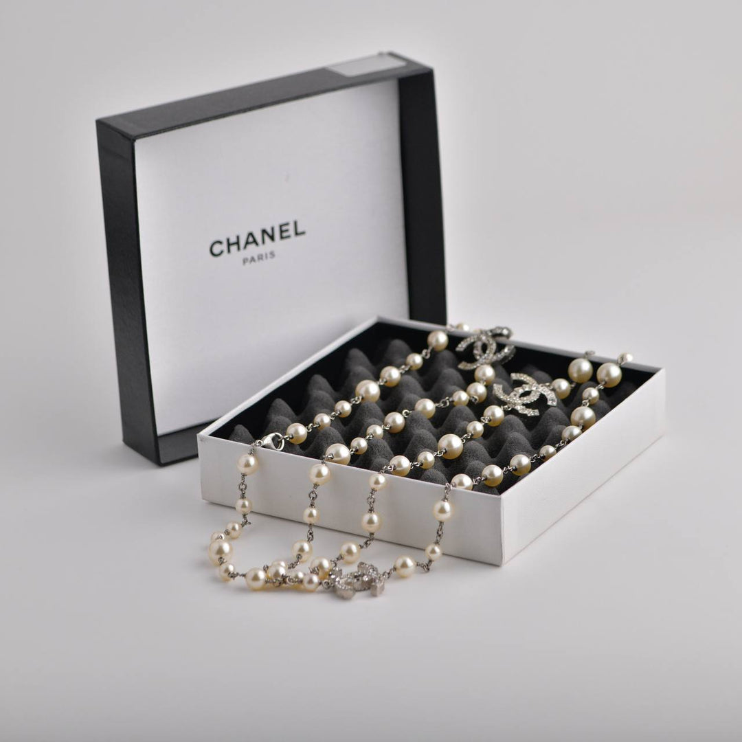 Chanel Three CC Logos Pearl Sautoir Necklace