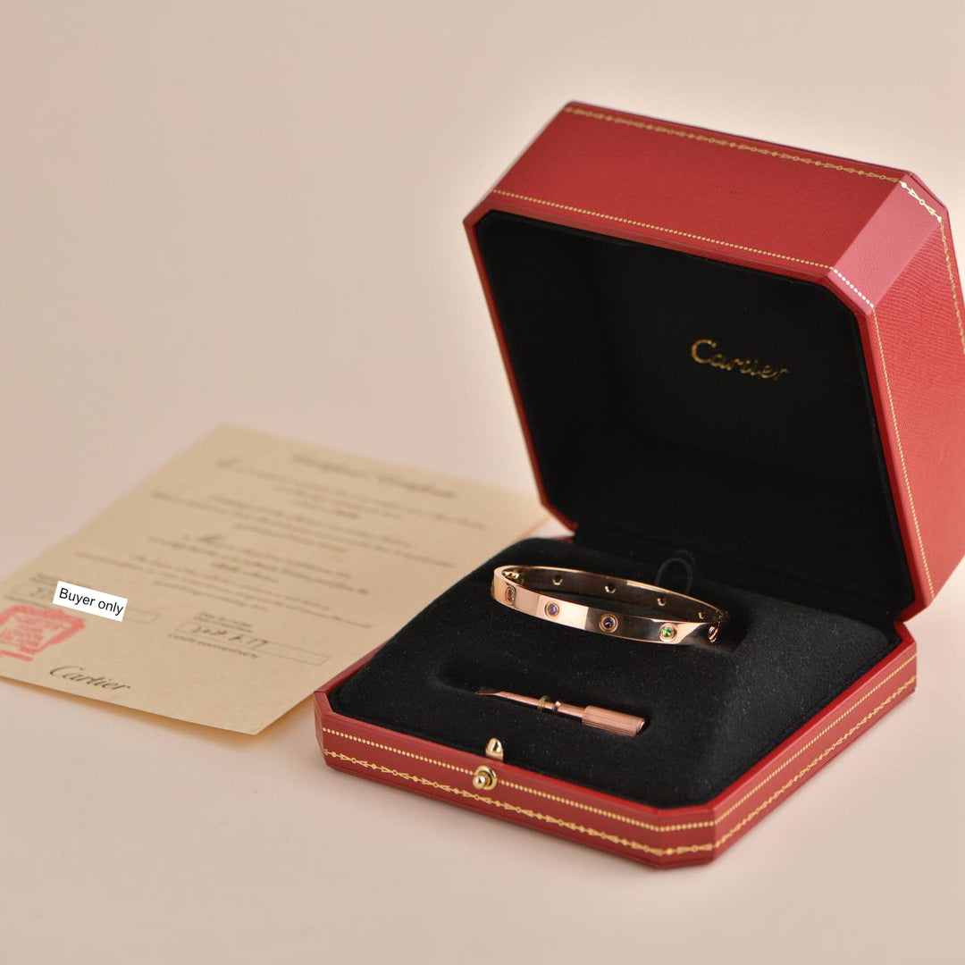 Cartier Love Bracelet 10 Multi Gemstone Rose Gold Size 18