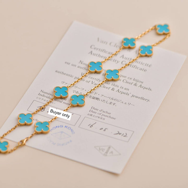 Van Cleef & Arpels Vintage Alhambra Turquoise 10 Motif Yellow Gold Necklace