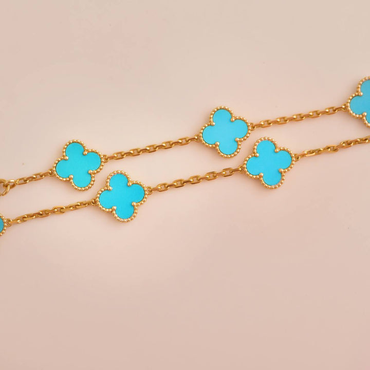 Van Cleef & Arpels Vintage Alhambra Turquoise 10 Motif Yellow Gold Necklace