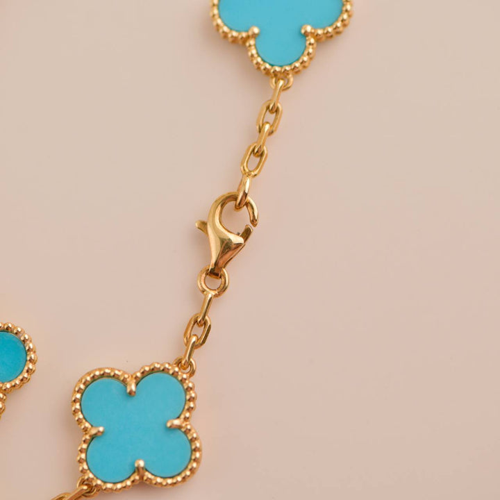 Van Cleef & Arpels Vintage Alhambra Turquoise 10 Motif Yellow Gold Necklace