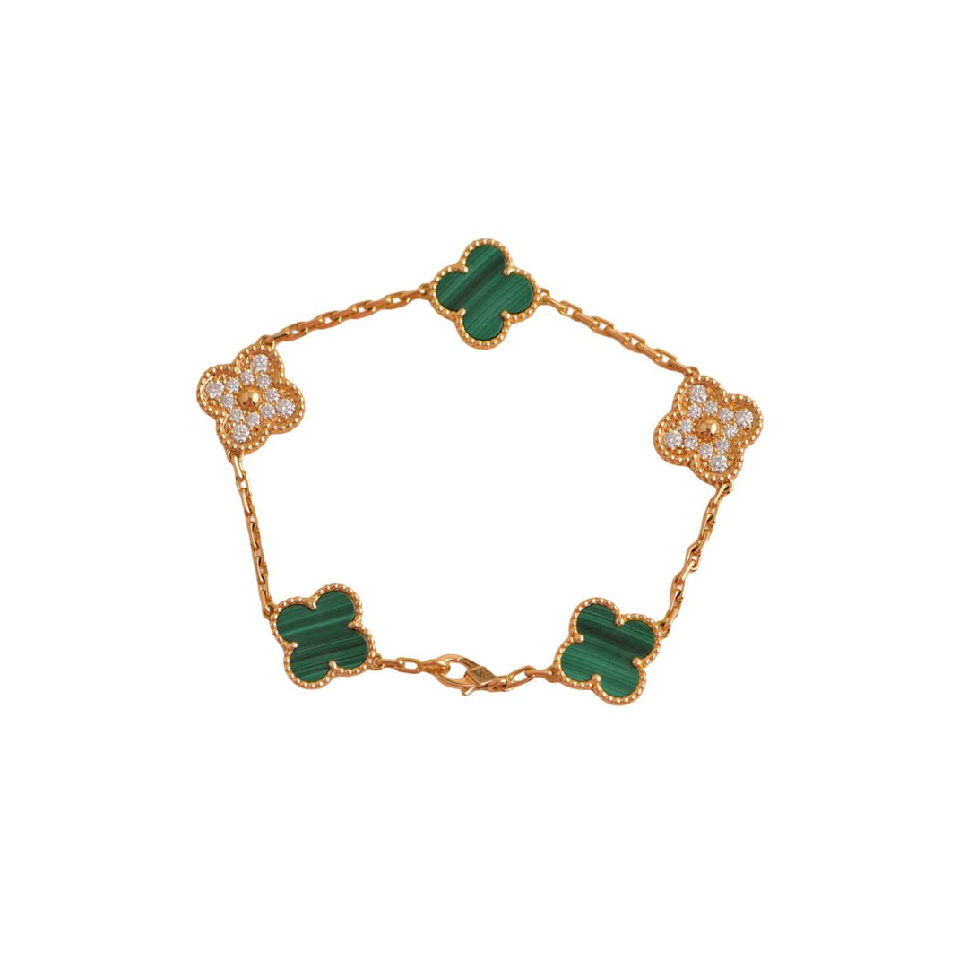 Van Cleef & Arpels 18K Yellow Gold Malachite 5 Motifs Vintage Alhambra Bracelet