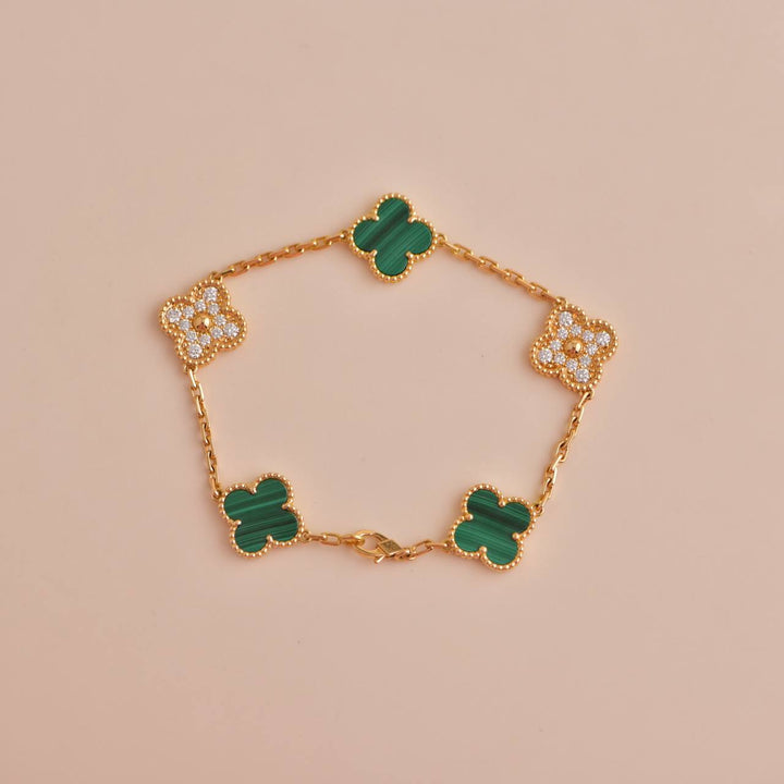 Van Cleef & Arpels Vintage Alhambra Malachite and Diamond Yellow Gold Bracelet