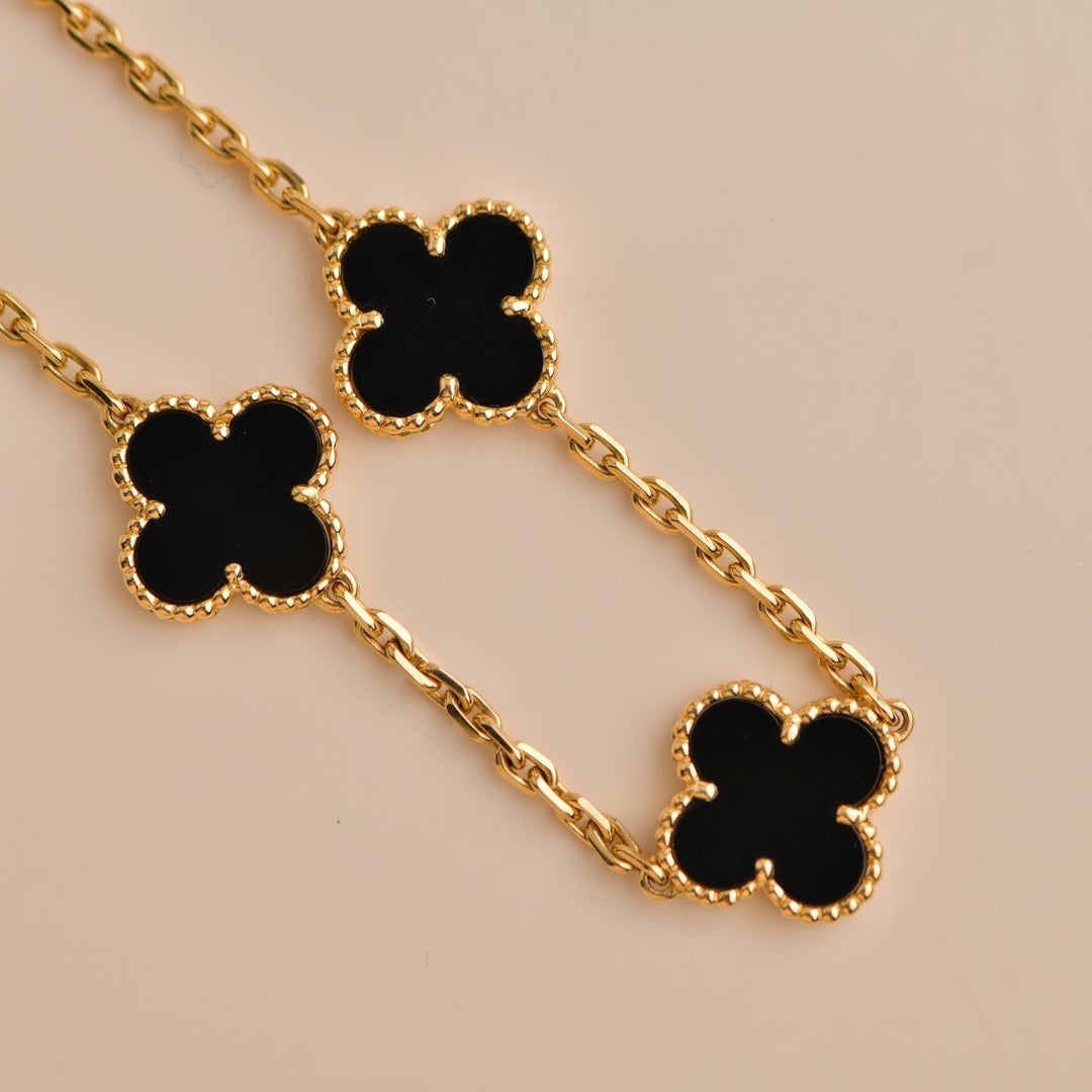 Van Cleef & Arpels Vintage Alhambra Black Onyx 10 Motif Yellow Gold Necklace