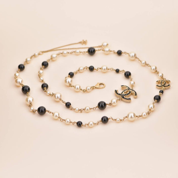 Chanel 2014 Pearl & Black Beads CC Baroque Sautoir Necklace