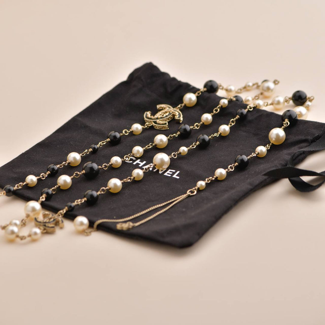 Chanel 2014 Pearl & Black Beads CC Baroque Sautoir Necklace