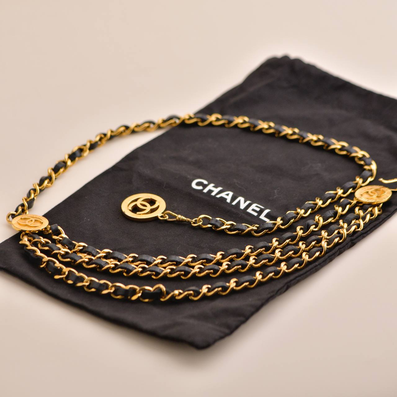 Chanel Vintage CC Black Leather and Chain-link Belt