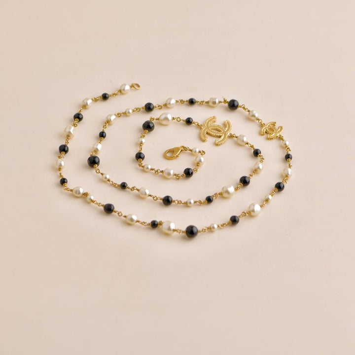 Chanel CC Black And Cream Pearl Gold Tone Long Necklace