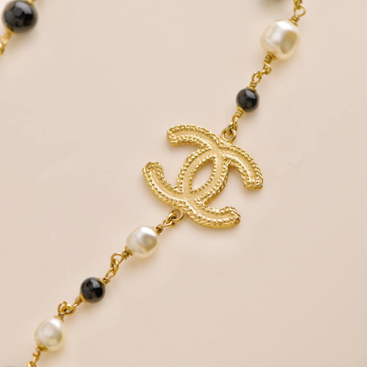 Chanel CC Black And Cream Pearl Gold Tone Long Necklace