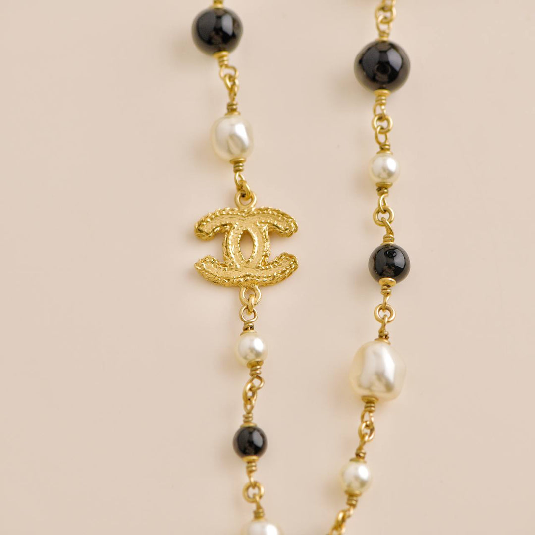 Chanel CC Black And Cream Pearl Gold Tone Long Necklace