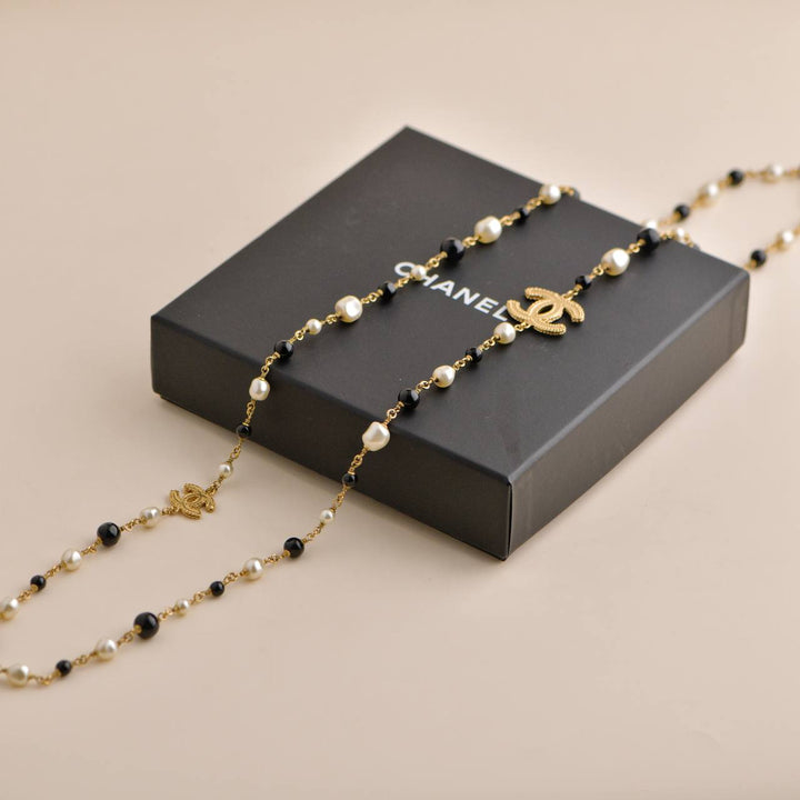 Chanel CC Black And Cream Pearl Gold Tone Long Necklace