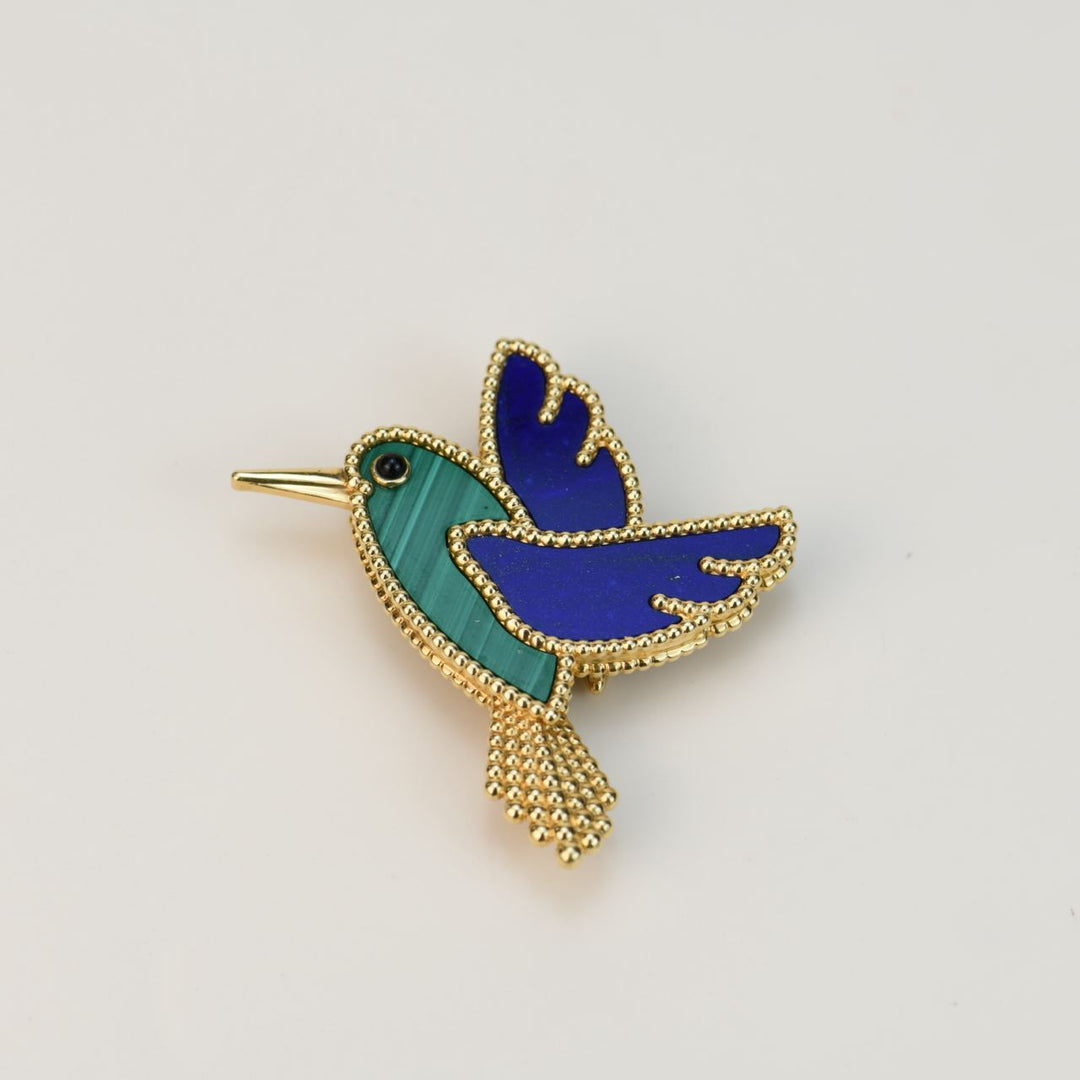 Van Cleef & Arpels Lucky Animals Lapis Malachite Humming Bird 18K Yellow Gold Brooch