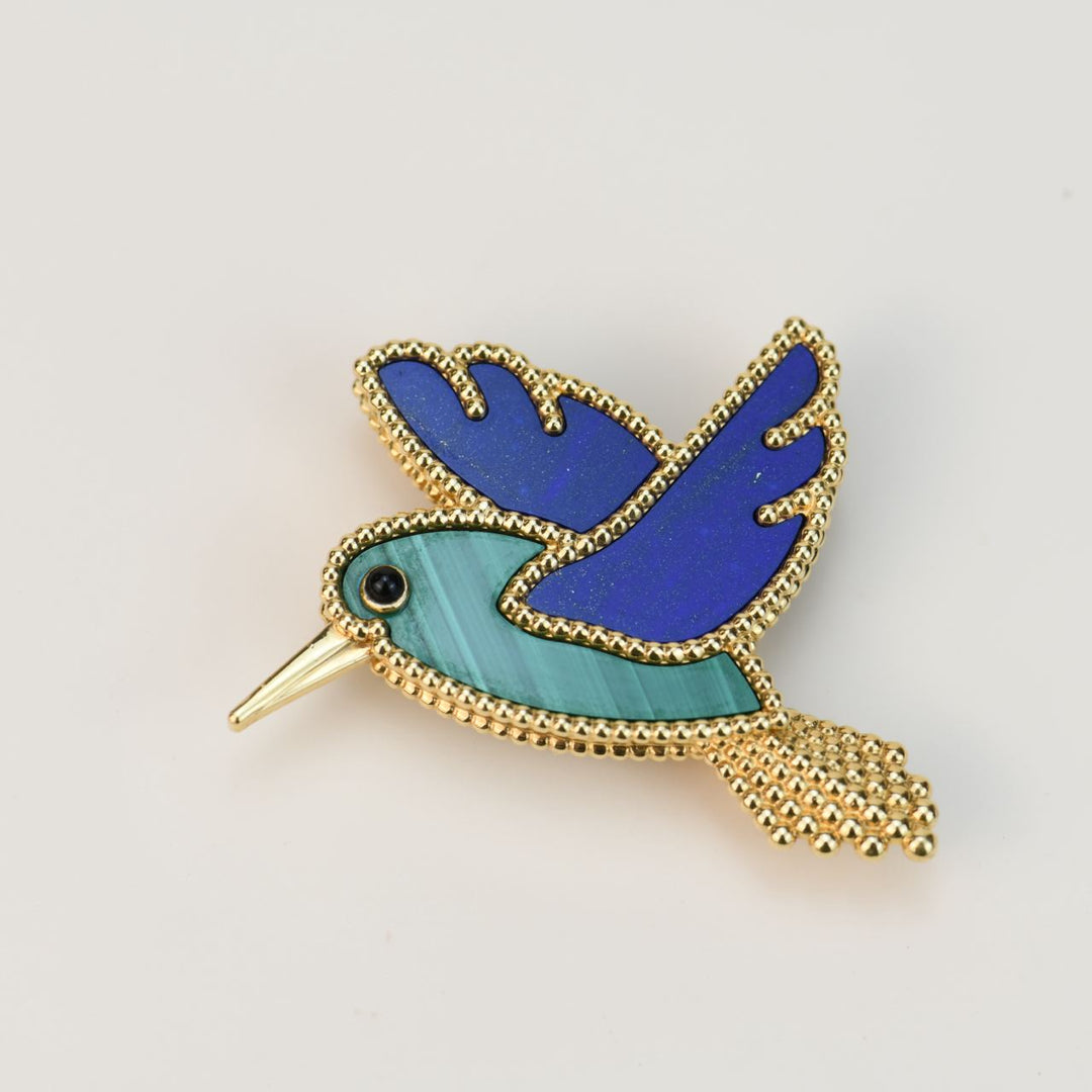 Pre-loved Van Cleef Lucky Animals Lapis Malachite Humming Bird 18K Yellow Gold Brooch