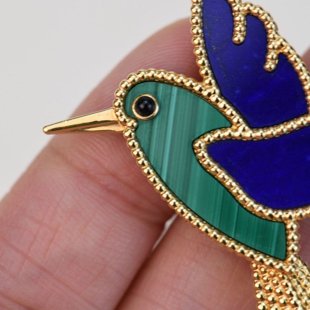 Van Cleef & Arpels Lucky Animals Lapis Malachite Humming Bird 18K Yellow Gold Brooch