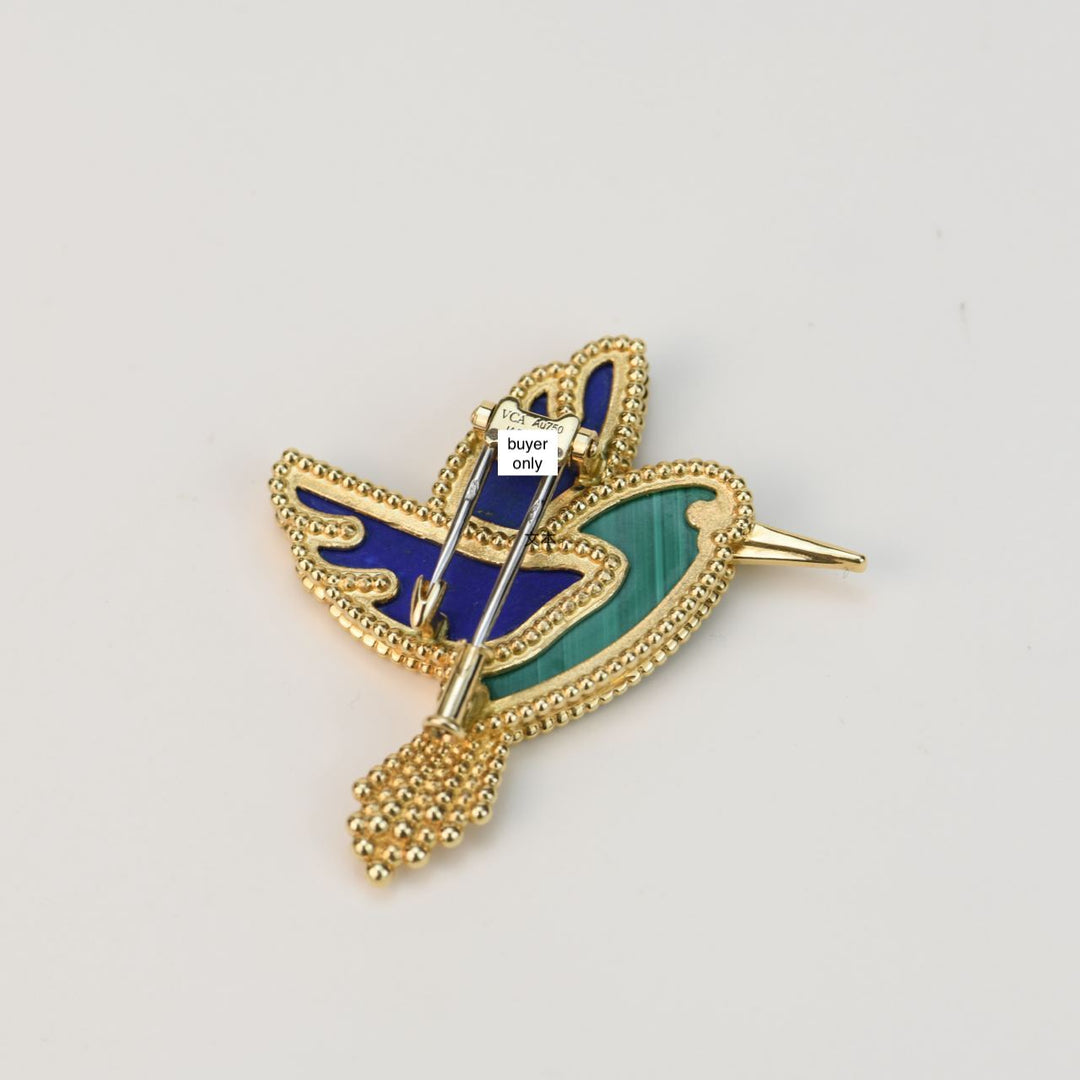 Pre-owned Pre-loved VCA Lucky Animals Lapis Malachite Humming Bird 18K Yellow Gold Brooch