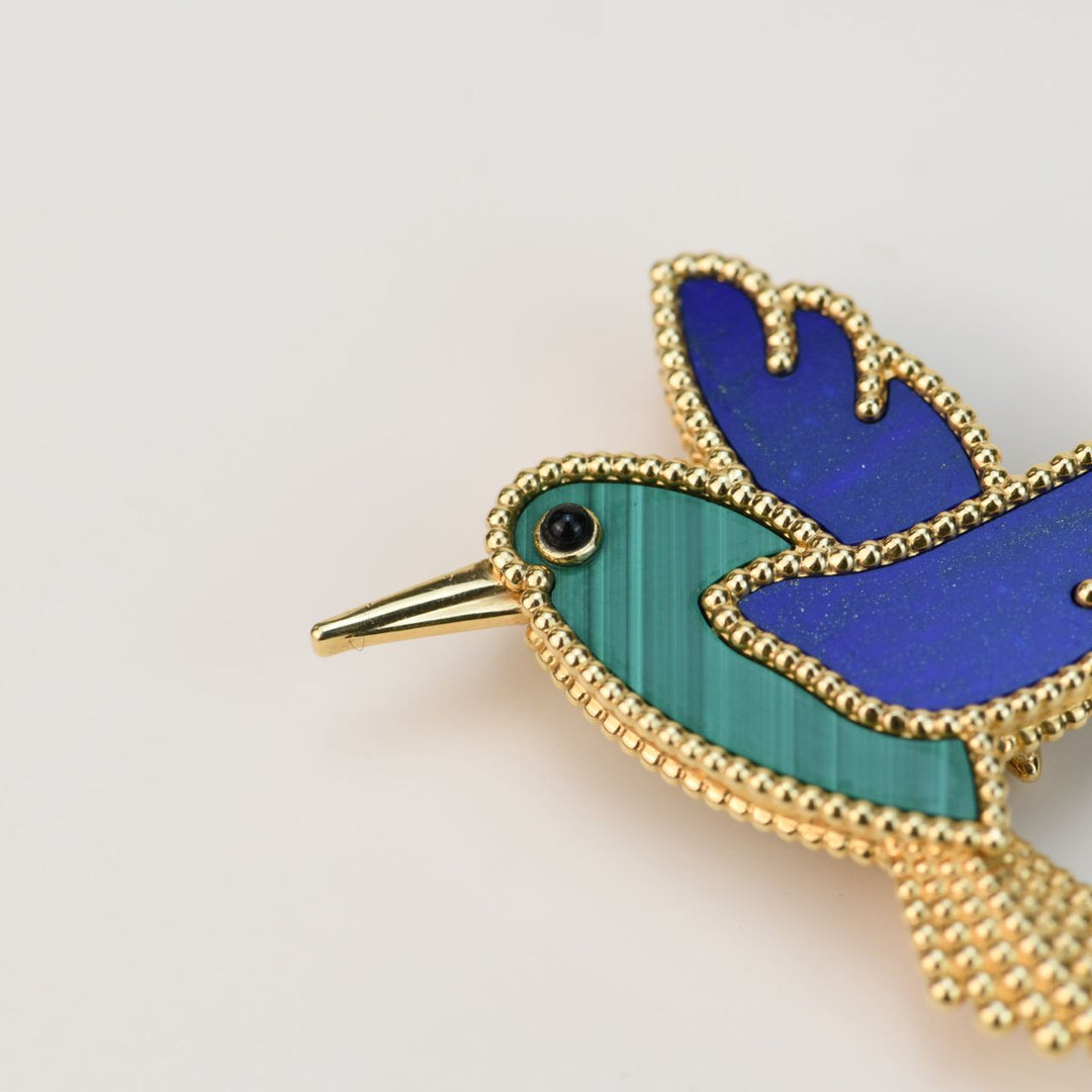 Second Hand VCA Lucky Animals Lapis Malachite Humming Bird 18K Yellow Gold Brooch