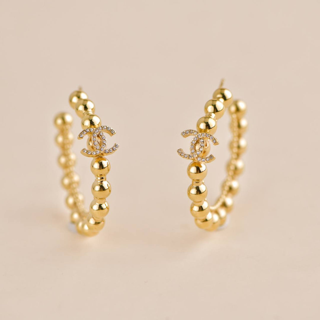 Chanel CC Rhinestone Beaded Hoop Earrings