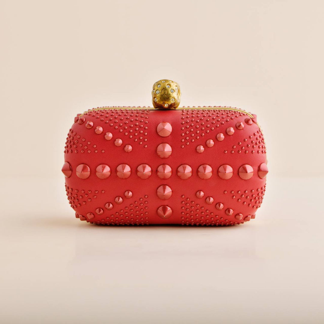 Alexander McQueen Skull Clasp Red Leather Studded Britannia Clutch – Dandelion Antiques Alexander McQueen Skull Clasp Red Leather Studded Britannia Clutch – Dandelion Antiques