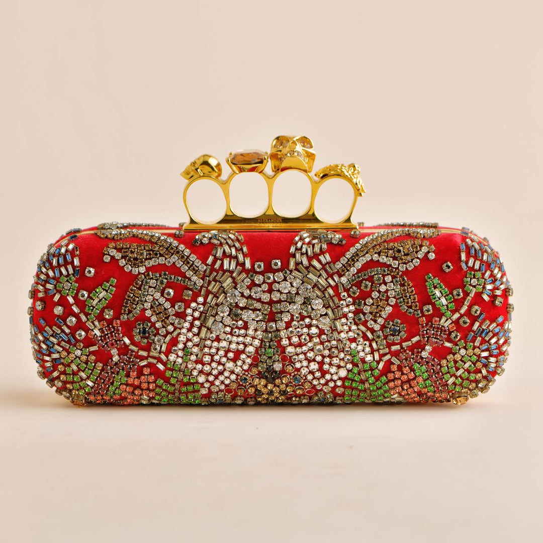 Alexander McQueen Embroidered Knuckle Clutch Red Velvet with