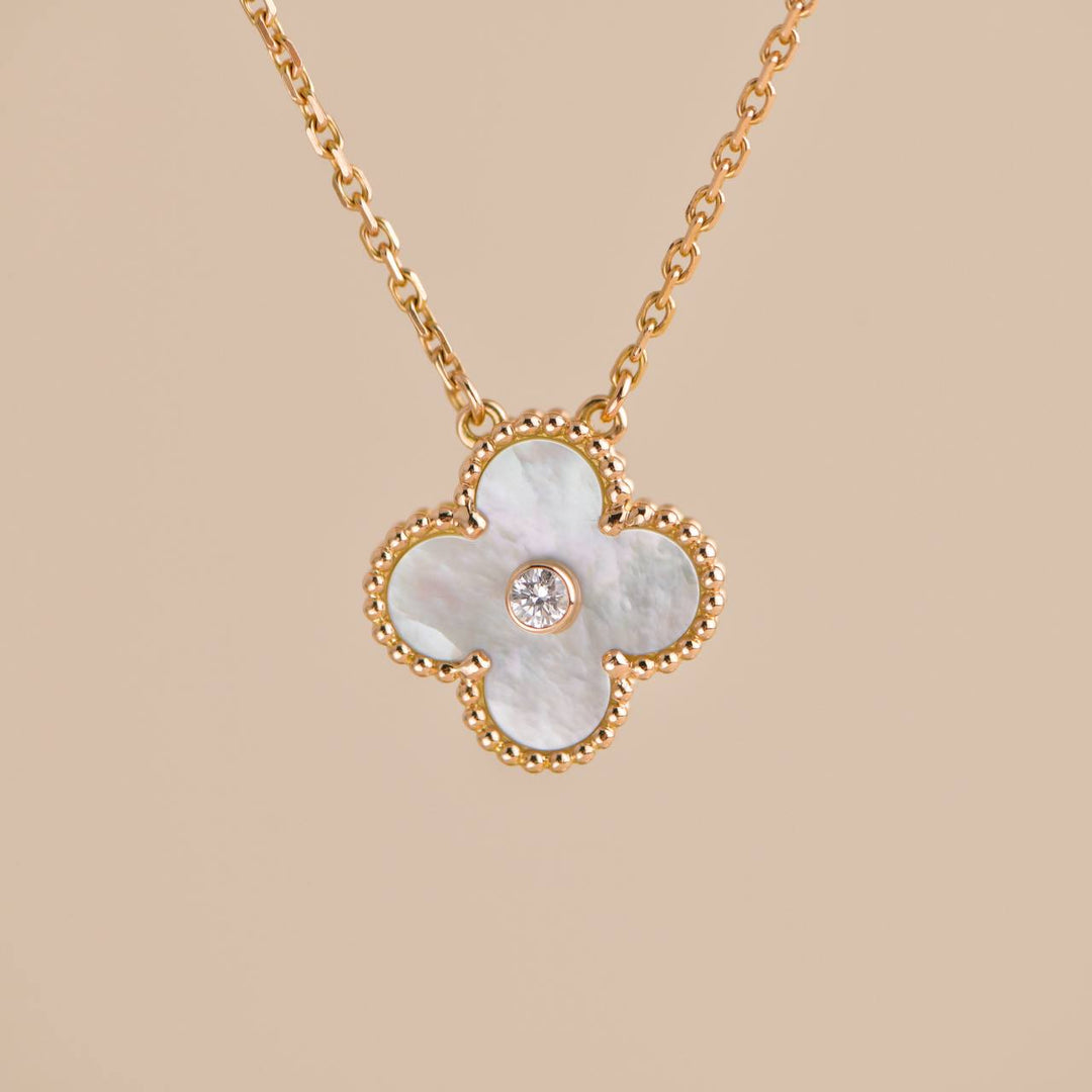 Pre-loved Van Cleef Vintage Alhambra 2012 Holiday Diamond Mother-of-Pearl Rose Gold Pendant Necklace