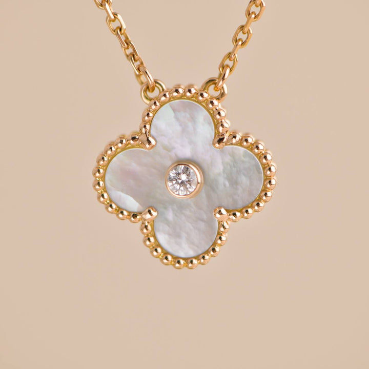 Pre-owned Van Cleef Vintage Alhambra 2012 Holiday Diamond Mother-of-Pearl Rose Gold Pendant Necklace