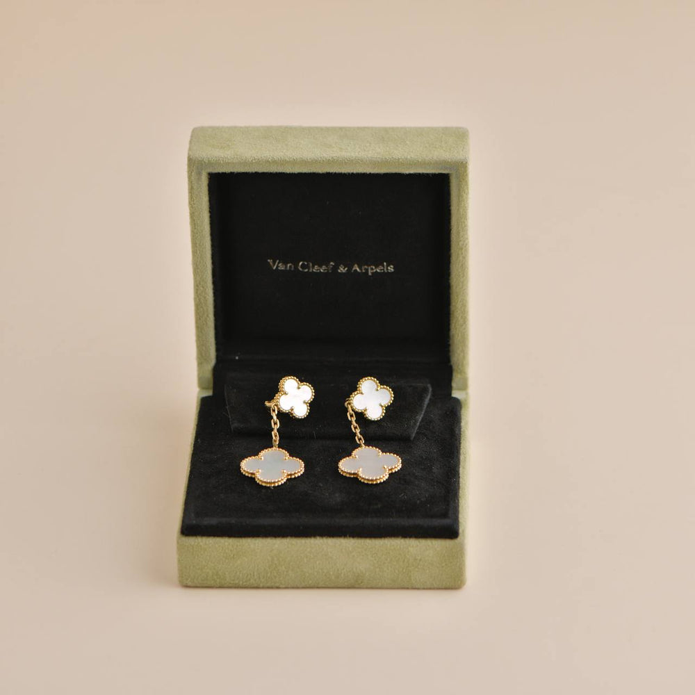 Pre-owned Van Cleef  Magic Alhambra Two Motifs Mother of Pearl Yellow Gold Earrings