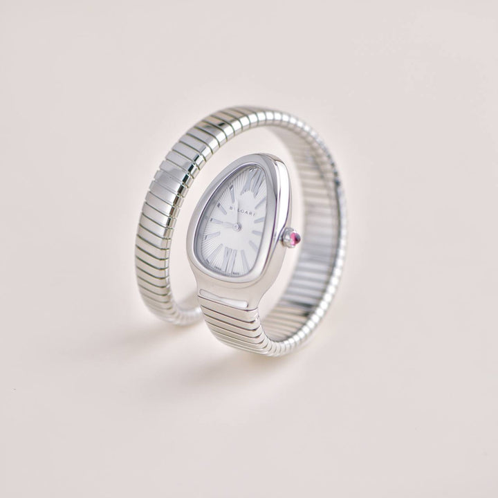 Luxury pre-owned Bulgari Serpenti Tubogas Single Spiral Watch 101817 with silver opaline dial and hand-applied indexes