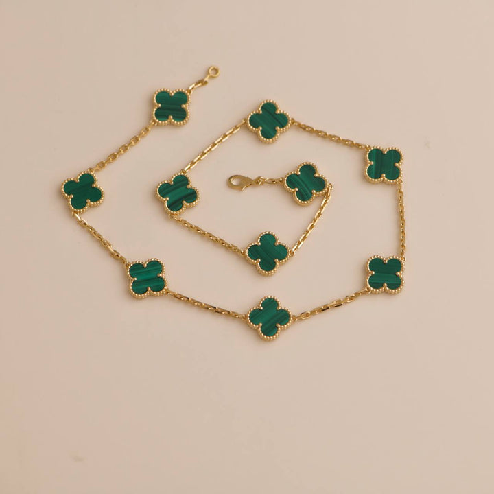 Pre-owned VCA Vintage Alhambra Malachite 10 Motifs Gold Necklace