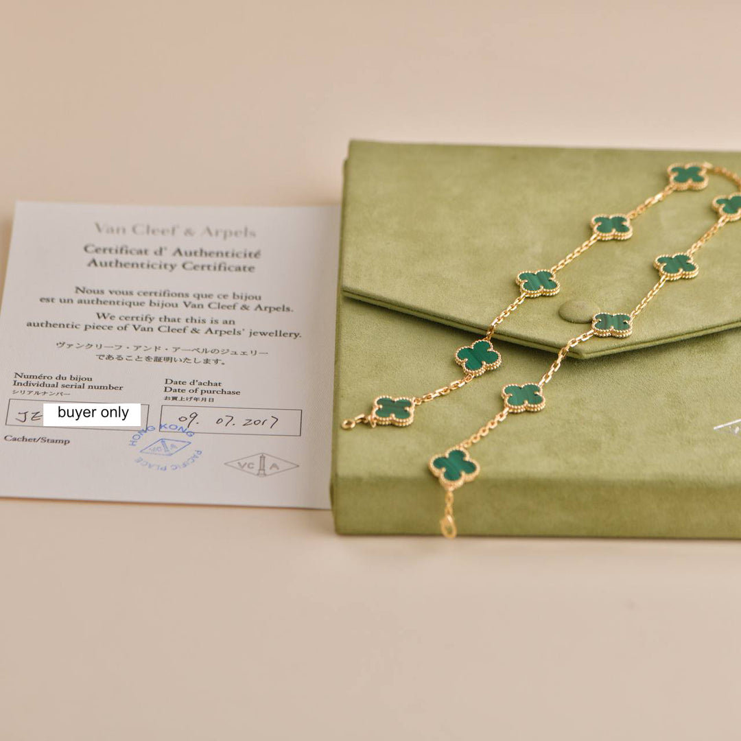 Pre-owned Van Cleef & Arpels Vintage Alhambra Malachite 10 Motifs Gold Necklace