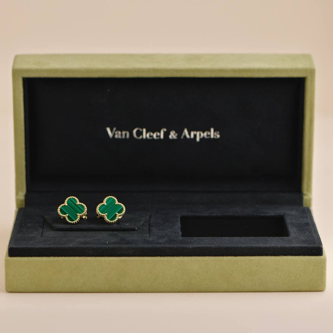 Van Cleef & Arpels Vintage Alhambra Malachite Yellow Gold Earrings