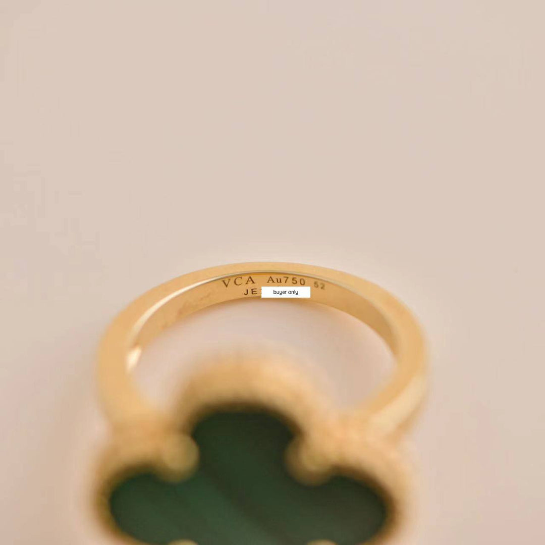 Pre-owned VCA Magic Alhambra Malachite 18K Yellow Gold Ring Size 52