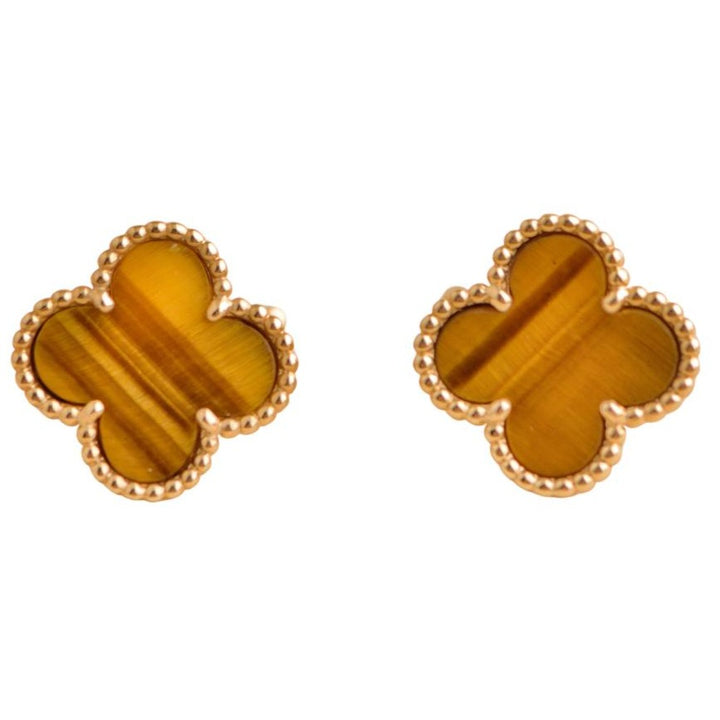 Pre-loved Van Cleef & Arpels Vintage Alhambra Tiger Eye 18K Yellow Gold Earrings